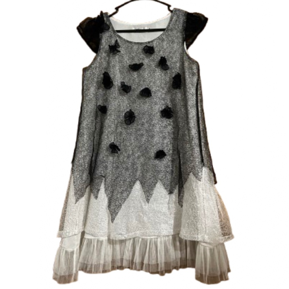Miroy Women’s Black & White Mesh Layered Floral Embroidered Poplin Dress Sz-S
